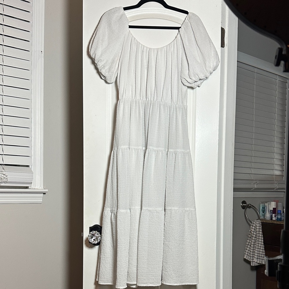 Astr White Midi Dress with Puff Sleeves
